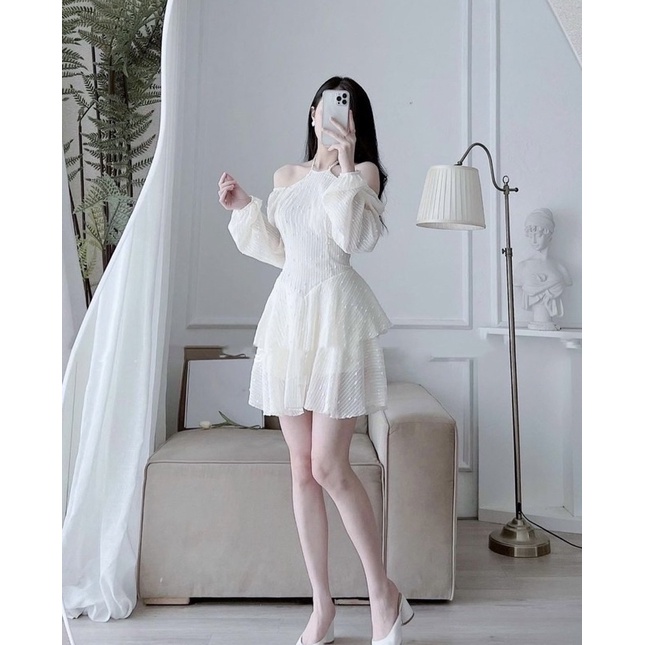 Đầm dự tiệc trắng cổ yếm hở vai thanh lịch - Ali Dress | BigBuy360 - bigbuy360.vn