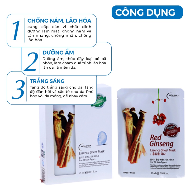 Mặt nạ giấy - Mặt nạ dưỡng da Hồng Sâm trẻ hóa làn da &amp; cấp ẩm Holikey Hàn Quốc [Hộp 10 Túi / Hàng Nhập Khẩu Hàn Quốc]