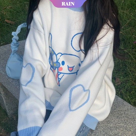 Áo Sweater Dệt Kim Chui Đầu Dáng Rộng Họa Tiết Hoạt Hình Sanrio Cinnamoroll My Melody Phong Cách Kawaii Cho Nữ [RAIN]
