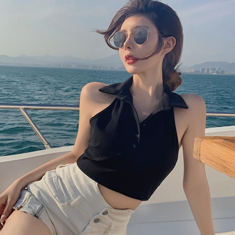 Áo kiểu croptop sát nách cổ bẻ ôm dáng vừa vặn thời trang mùa hè dành cho nữ