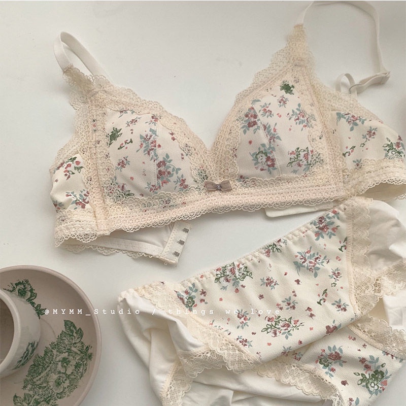Bán Chạy!Bộ Đồ Lót Hình Tam Giác Không Gọng Thép Chống Chảy Xệ Họa Tiết Hoa Dành Cho Nữ
