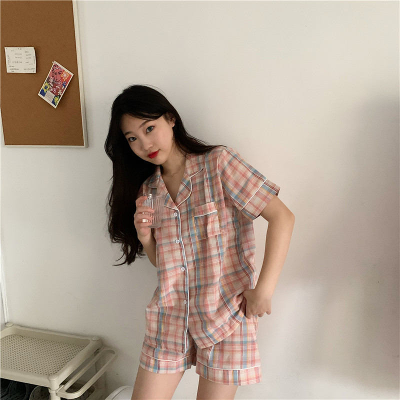 Bộ Đồ Ngủ Cotton Ngắn Tay Họa Tiết Caro Phong Cách Hàn Quốc Dành Cho Nữ