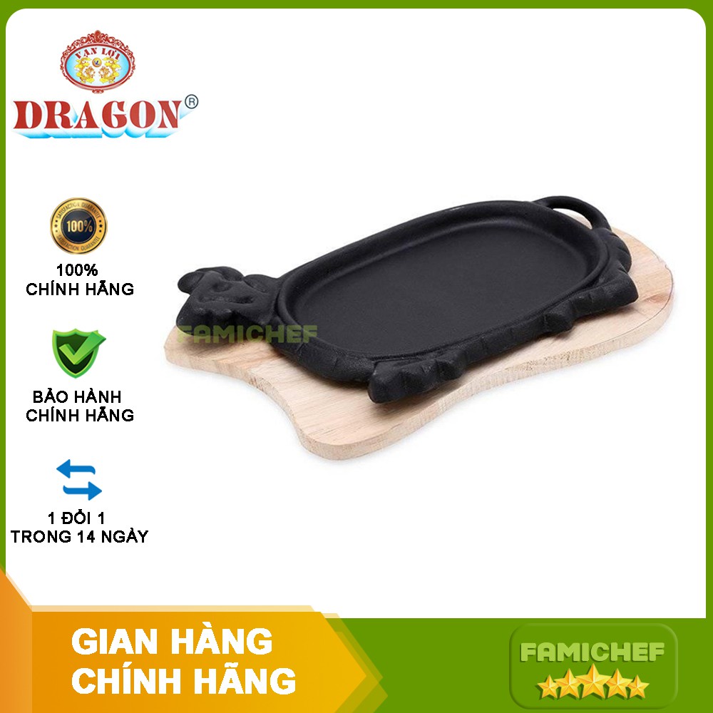 Chảo gang chống dính có đế gỗ làm bò bít tết  Dragon D009