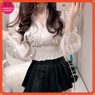 Áo kiểu croptop🍁ÁO nhúm eo tay dài ống bo🍁 kèm ảnh thật khách chụp hình cuối