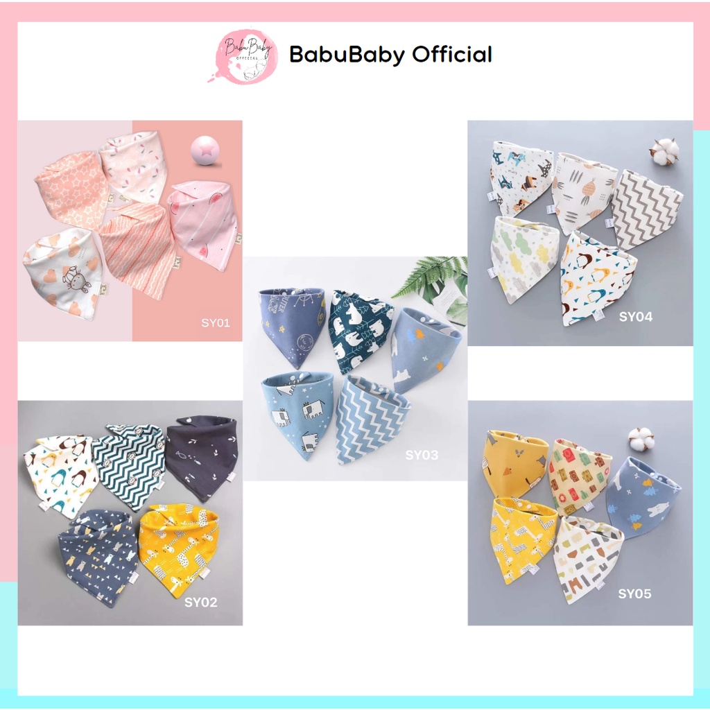 set 5 khăn yếm tam giác cao cấp cho bé, yếm cotton mềm mịn giữ ấm cổ BabuBaby Official