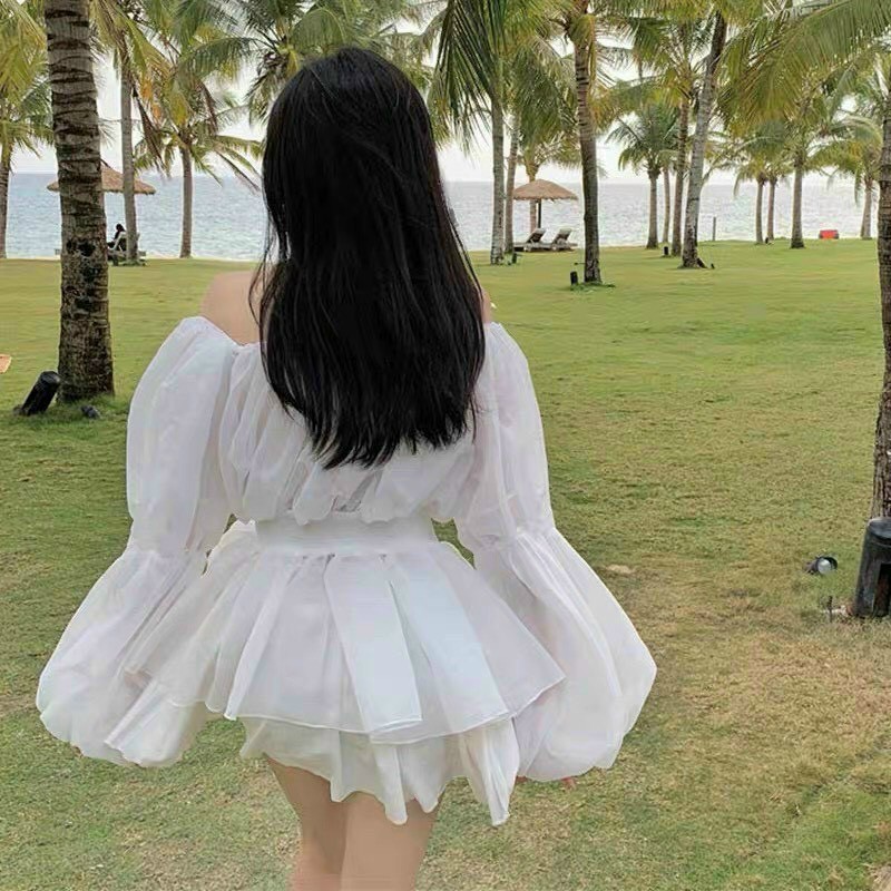 Set đồ nữ sang chảnh, set voan dài tay có lót chân váy xòe nhún eo mặc tôn dáng tone trắng tinh khôi Tây Thi Shop | BigBuy360 - bigbuy360.vn