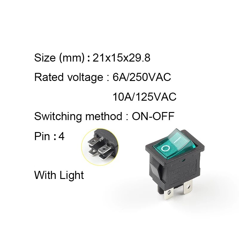 5 Công tắc bật / tắt Kcd1 4 pin 21x15mm 6A / 250V AC 10A / 125V AC