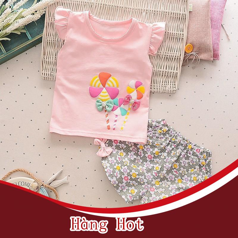 Đồ bộ ngắn vải cotton thoáng mát in họa tiết hoa và chong chóng dễ thương cho bé gái