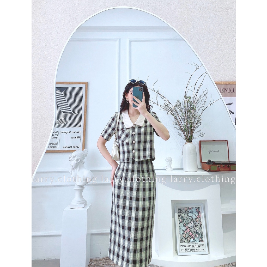 Set Áo Có Cổ Chân Váy Dài Kẻ Caro Phong Cách Hàn Quốc Đi Làm Cực Thanh Lịch S247 | BigBuy360 - bigbuy360.vn