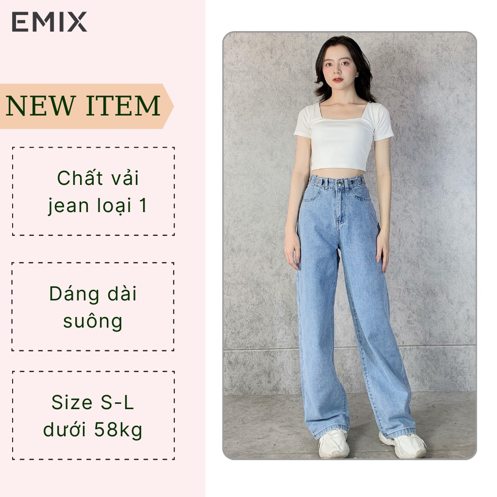 Quần jean nữ đai tròn EMIX (2 màu),  dáng suông dài, cạp cao, ống vừa, vải jean loại 1 giặt không phai màu 9003