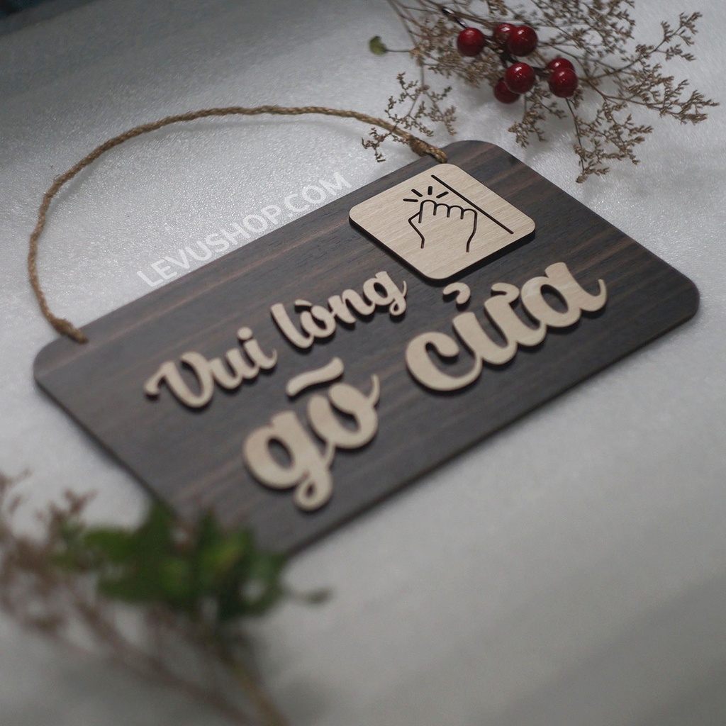 Bảng Gỗ Vui Lòng Gõ Cửa có dây treo trang trí decor vintage