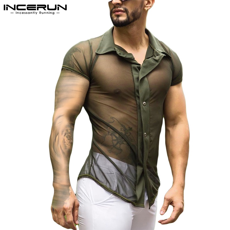 Áo sơ mi INCERUN tay ngắn cổ bẻ phối nút thiết kế xuyên thấu thời trang cho nam