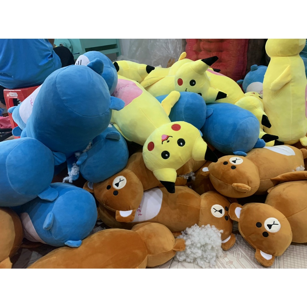 Gấu ôm Thú Nhồi Bông Cho Bé Pikachu- Thỏ - Gấu - Đoremon 60cm Chất Vải Nhung Mềm Mịn Co giãn 4 chiều