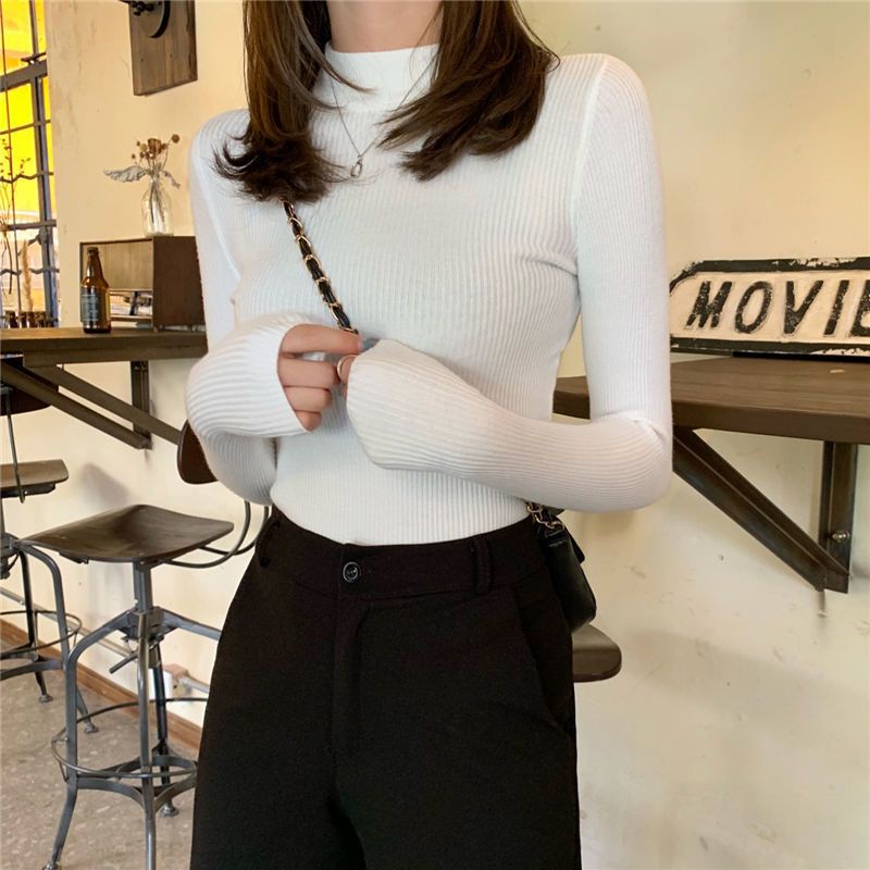 Áo Sweater Dệt Kim Cổ Lọ Tay Dài Dáng Ôm Thời Trang Mùa Thu Xinh Xắn Cho Nữ