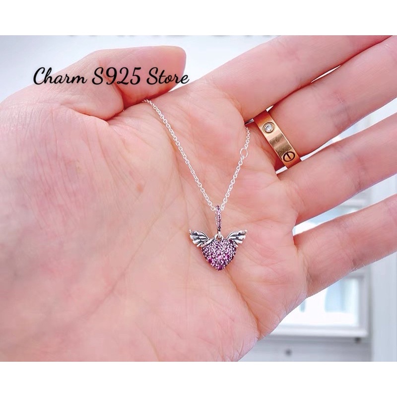 CHARM PAN ALE TREO ĐÔI CÁNH TIM ĐÍNH ĐÁ HỒNG BẠC S925 CAO CẤP