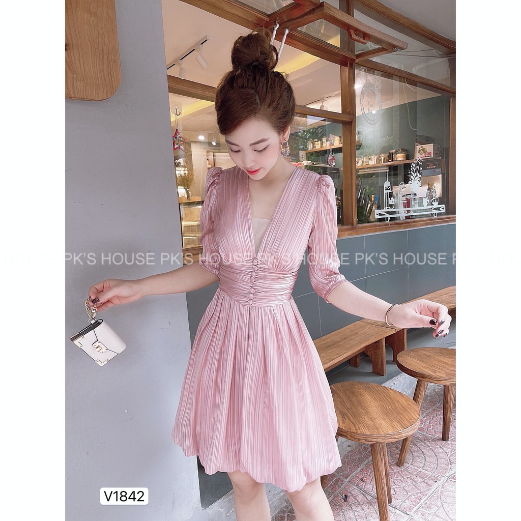 Váy Thiết Kế Dáng Xoè Ngắn Tay Lỡ Cổ V V1848, Đầm Thiết Kế Cao Cấp - PK Official | BigBuy360 - bigbuy360.vn