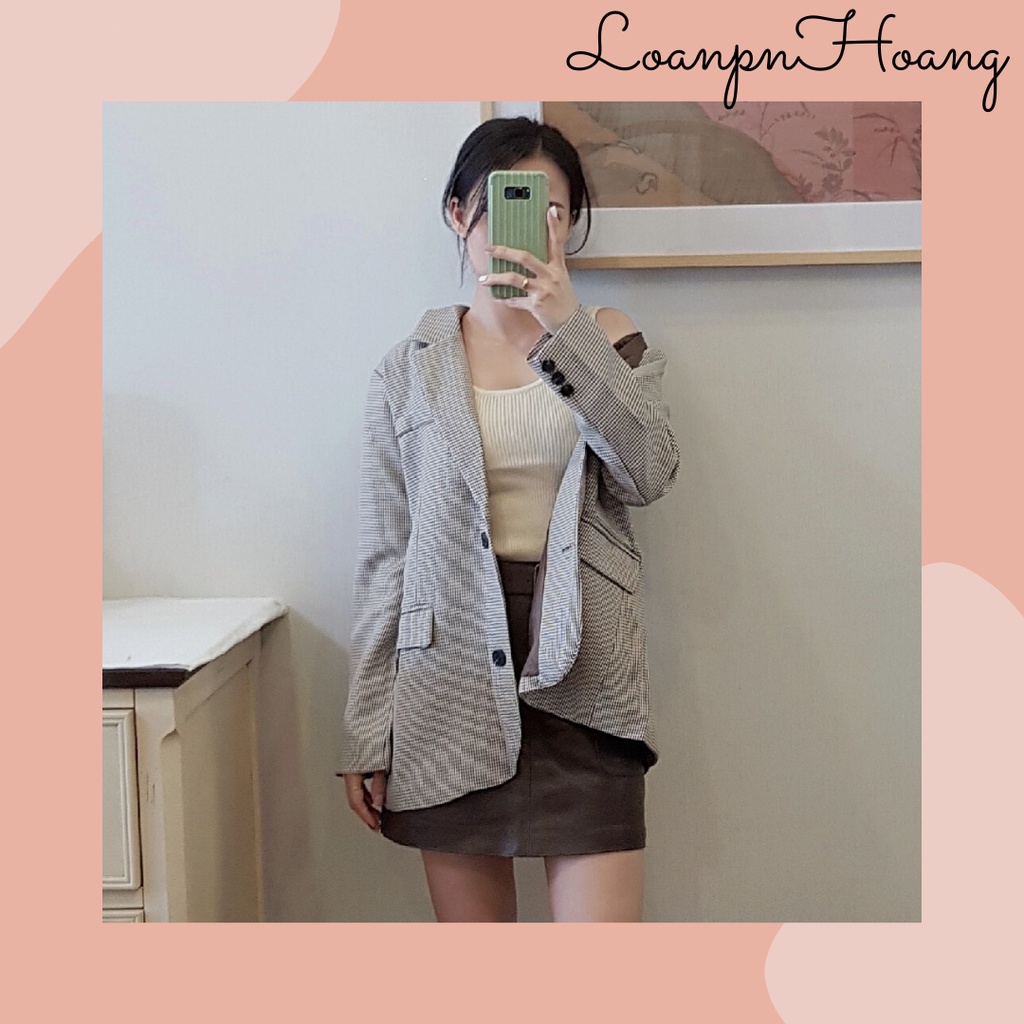 [BLAZER 06] Blazer dài tay hai lớp kẻ nâu phong cách Hàn Quốc, Áo vest nữ