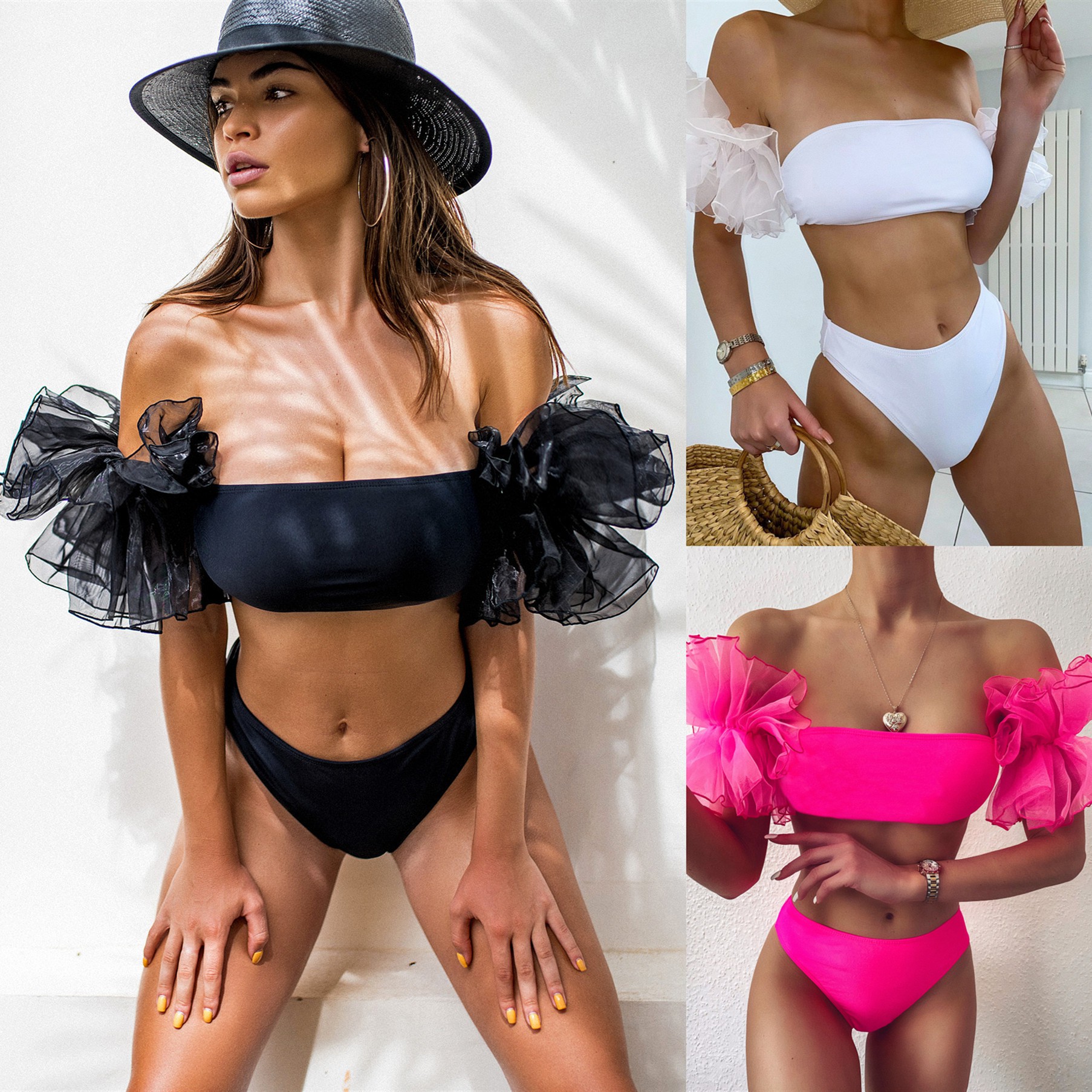 Bộ bikini chiffon phối ren có thể tháo tay áo phong cách công chúa cho nữ | BigBuy360 - bigbuy360.vn