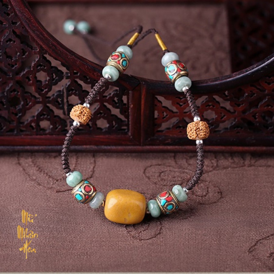 Vòng cổ mix đá vàng, đá xanh và hợp kim tráng men