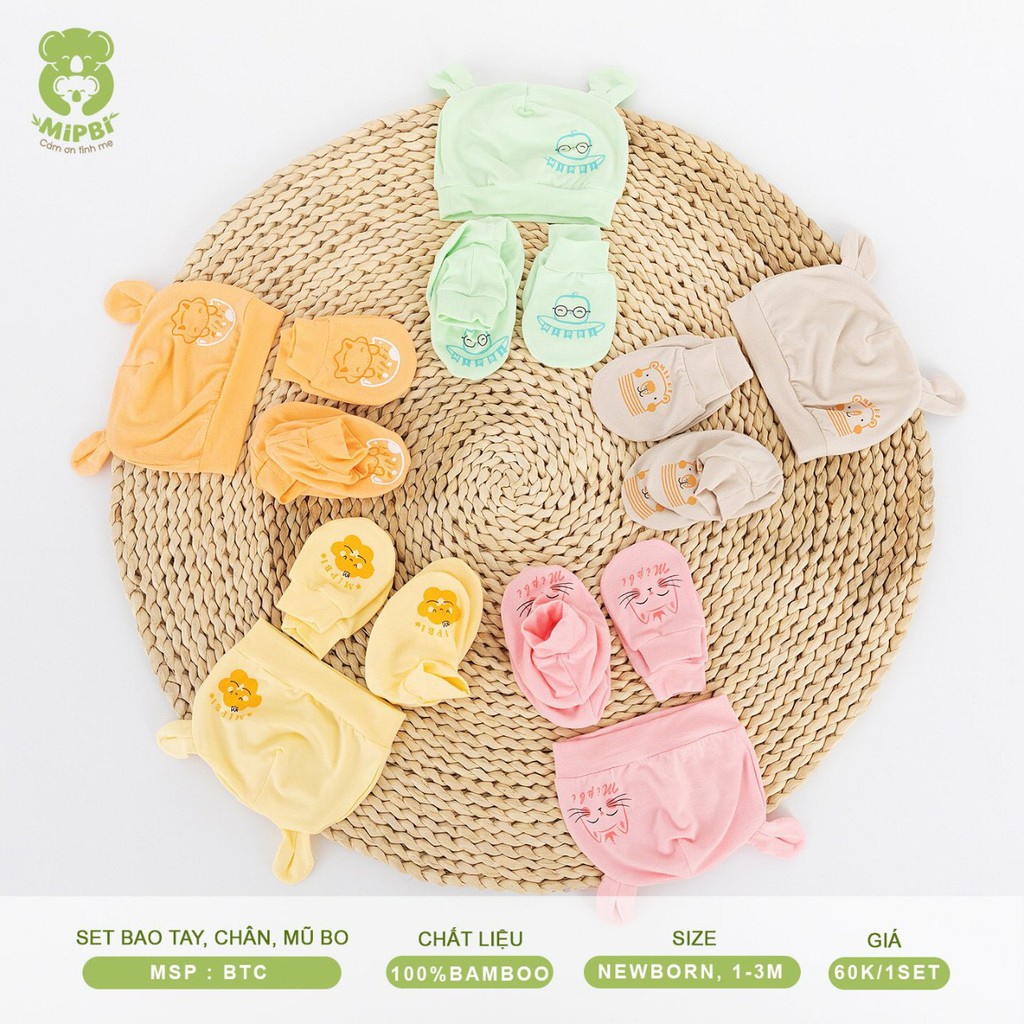 Set Bao Tay, Chân, Mũ Bo MIPBI CAO CẤP - Chất Liệu 100% Bamboo - Sét Bao Tay, Vớ Cho Bé An Toàn Với Trẻ Sơ Sinh