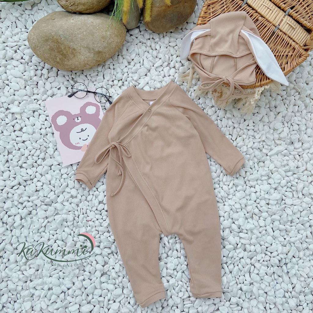 [Kèm mũ] Body suit len dài tay trẻ em 3-14kg, body dài tay buộc dây cho bé trai gái 21BD122 Kakummi