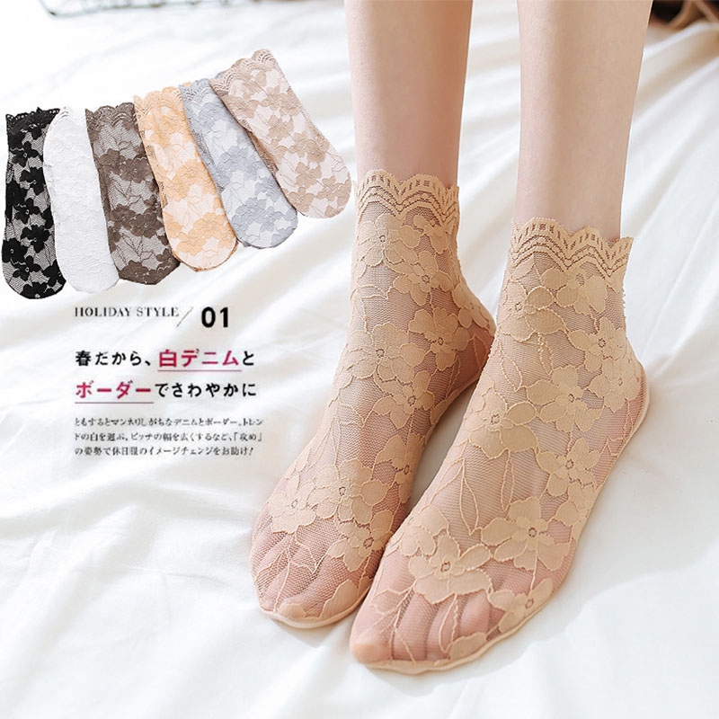 Tất cotton ren hoa đến mắt cá chân phong cách retro Nhật Bản gợi cảm thời trang xuân hè thanh lịch cho nữ