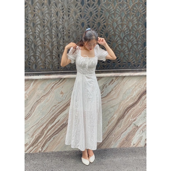 Váy hoa nhí tay phồng xẻ tà dáng dài phong cách Hàn Quốc size S M CHIEDESIGN