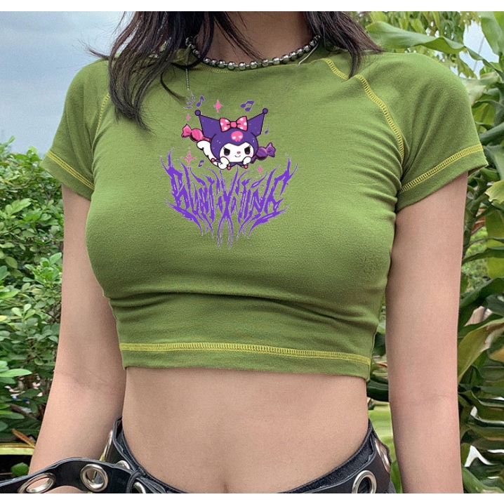 Áo croptop tay ngắn cổ tròn in họa tiết hoạt hình phong cách Harajuku trẻ trung năng động cho nữ
