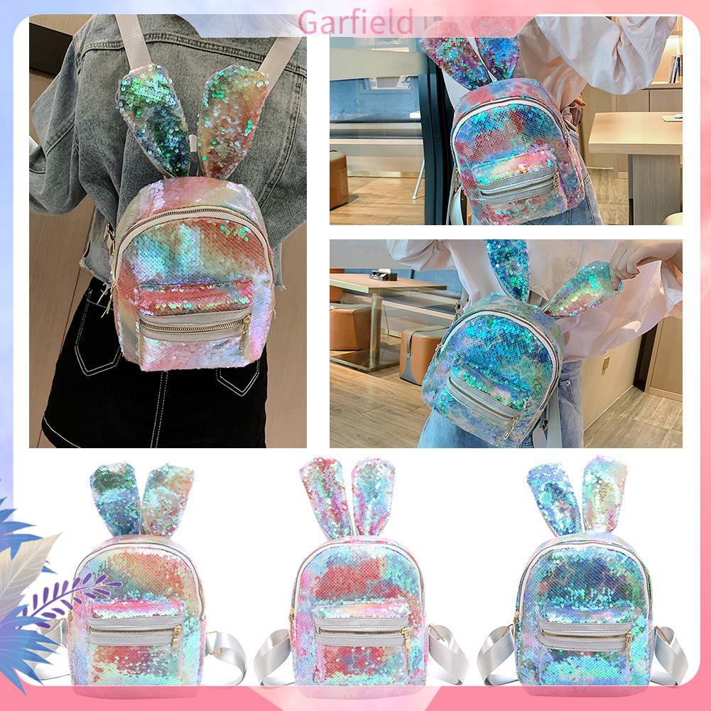 Sequins Rabbit Backpack Bling PU Leather Women Girls Travel School Bag