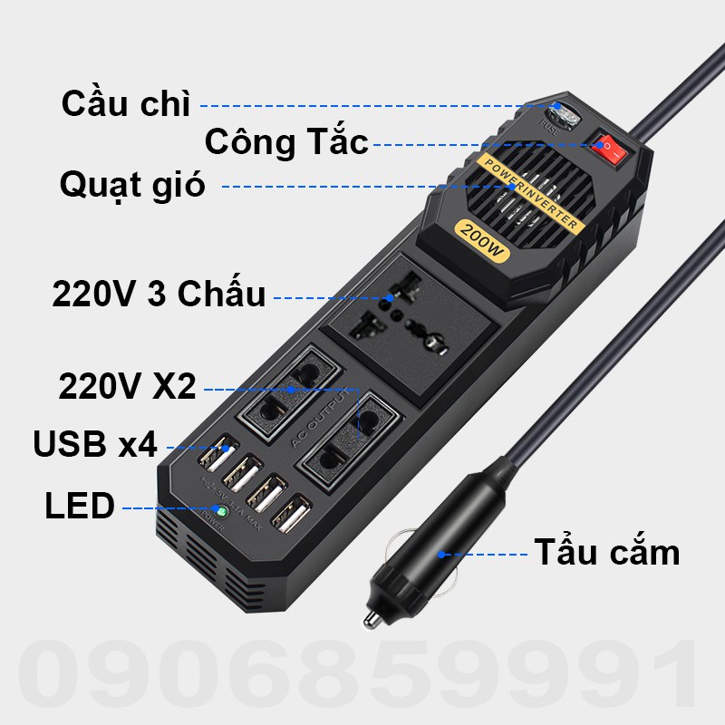 Tẩu cắm sạc ô tô biến tần chuyển đổi 12v to 220v cao cấp