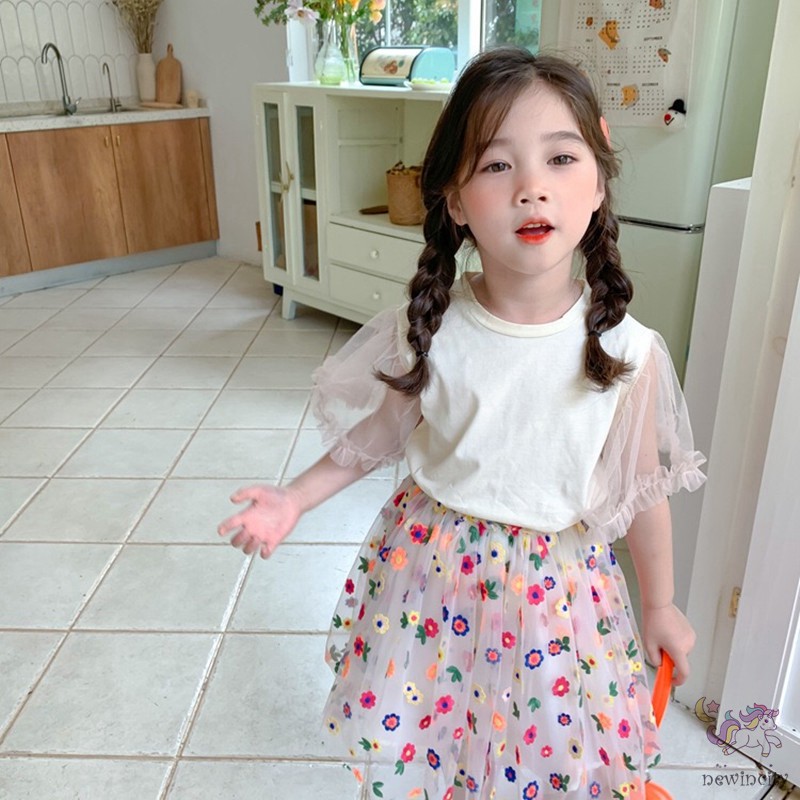 Bộ Áo Cánh Tiên Phối Ren + Chân Váy Lưới Thêu Hoa Thời Trang Dành Cho Bé Gái