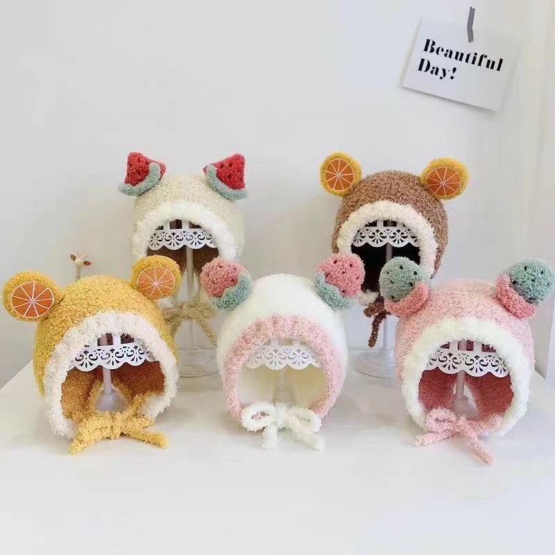 Mũ len xù hình hoa quả cho bé