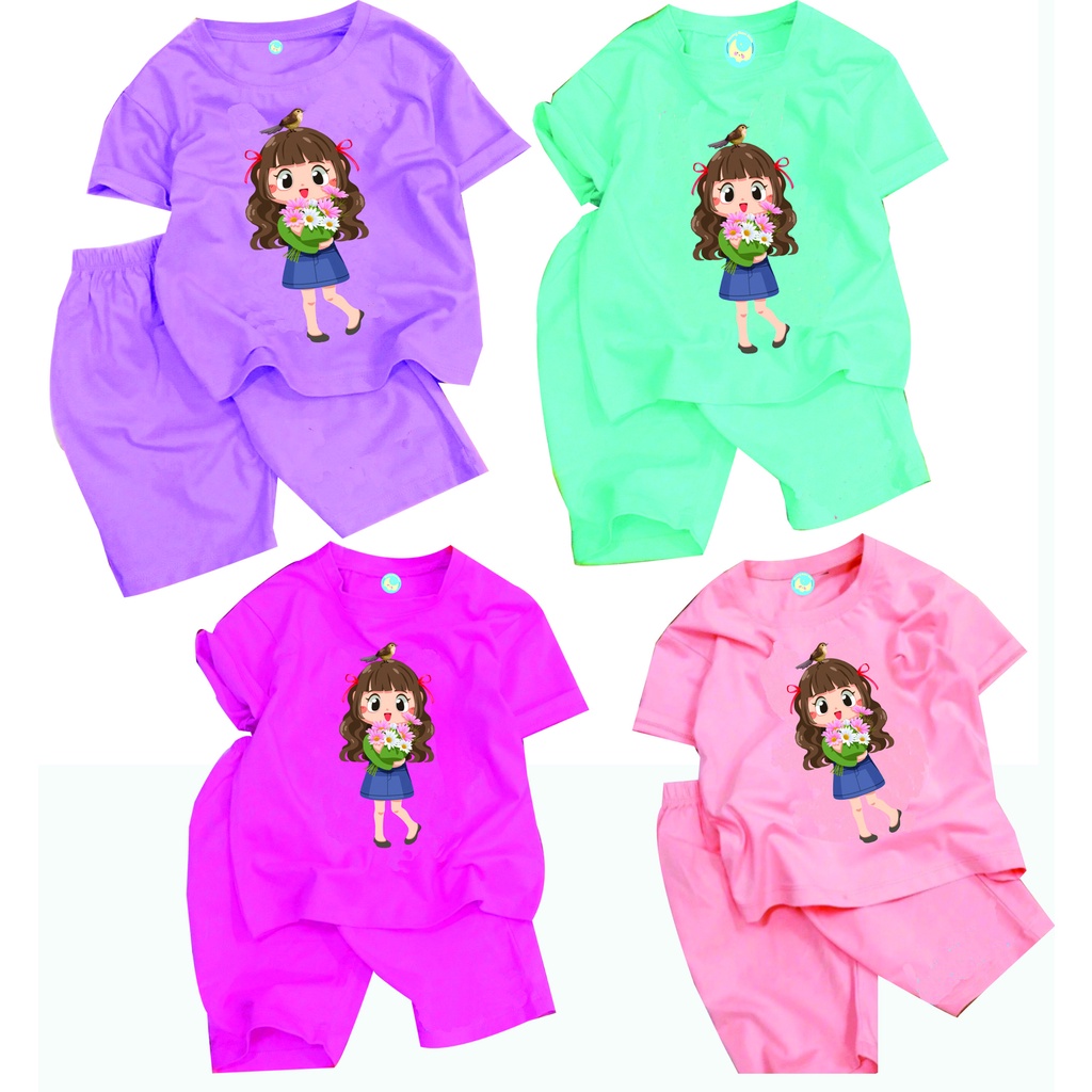 Set 3 bộ đồ bé gái - quần lửng in hình cô gái hoa chất vải co giãn 4 chiều cho bé từ 8kg đến 25kg-HOÀNG NAM KIDS