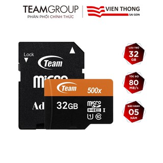 Mua Thẻ nhớ microSDHC Team 32GB 500x upto 80MB/s class 10 U1 kèm Adapter (Cam) - Hãng phân phối chính thức