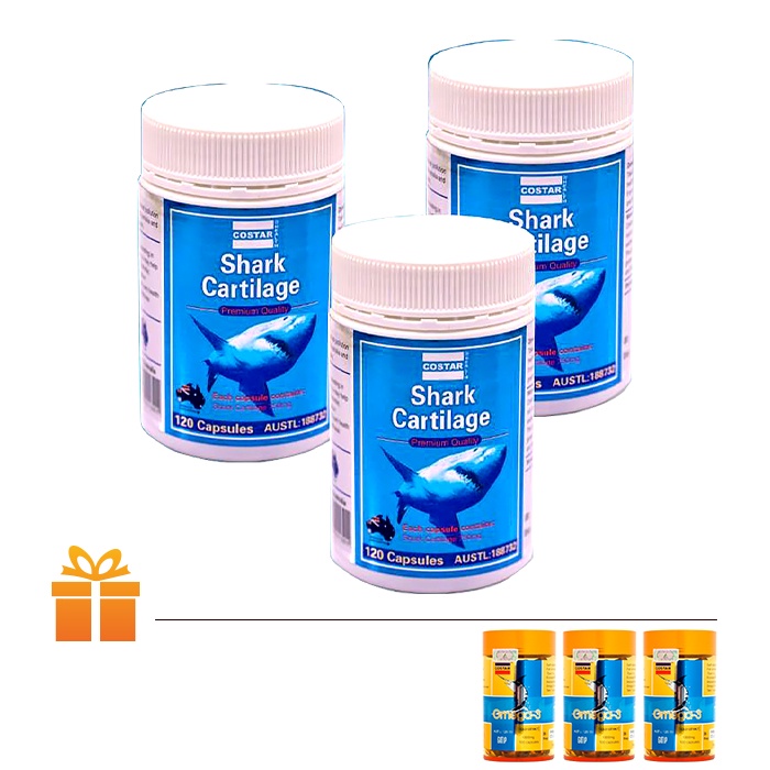 Bộ 3 Hộp Sụn cá mập Shark Cartilage Costar Úc (Hộp 120 viên) | TẶNG: 3 Hộp Dầu cá Omega 3 Costar Úc cùng loai 100 viên