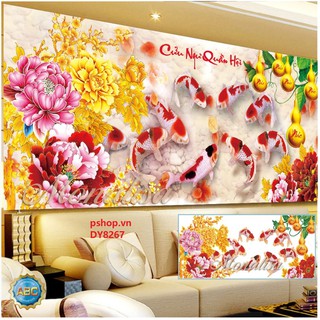 [DY8267] Tranh đính đá Cửu ngư quần hội nhỏ 130x65 cm