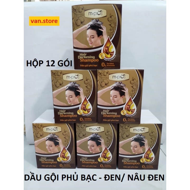 [Hộp 12 Gói] Dầu Gội Thảo Dược Nhuộm Tóc Đen/ Nâu Đen Phủ Bạc M.Pros - Tặng Kèm 12 Đôi Bao Tay Nilon