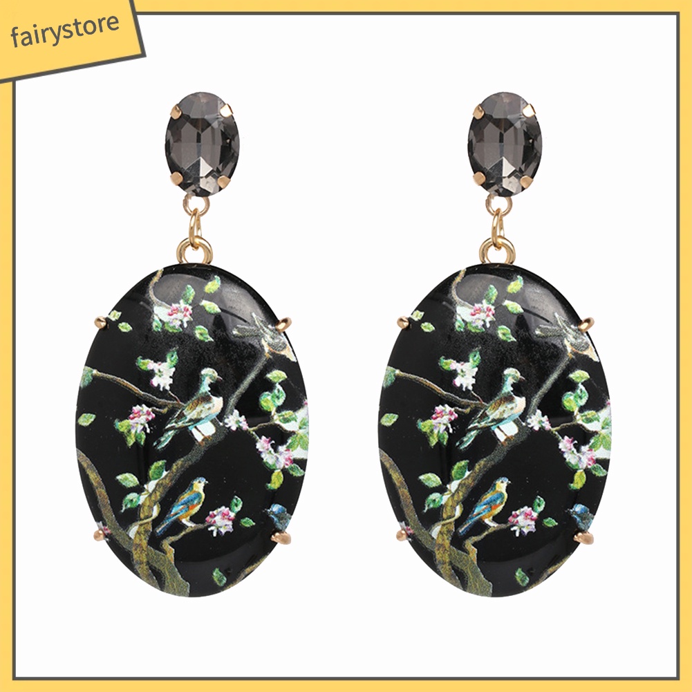 Cặp Hoa Tai Hợp Kim Đính Đá Hình Oval Xinh Xắn