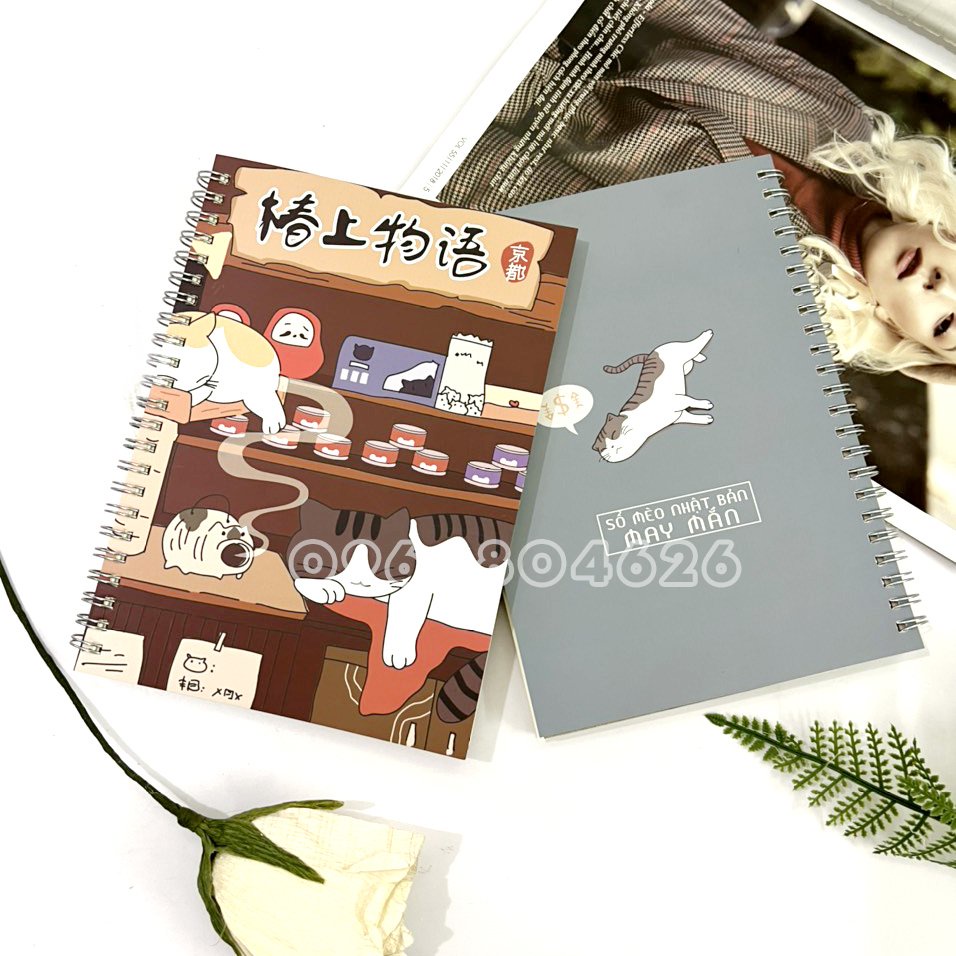 Sổ tay lò xo a5 giấy kẻ ngang mèo may mắn Nhật Bản cute dễ thương