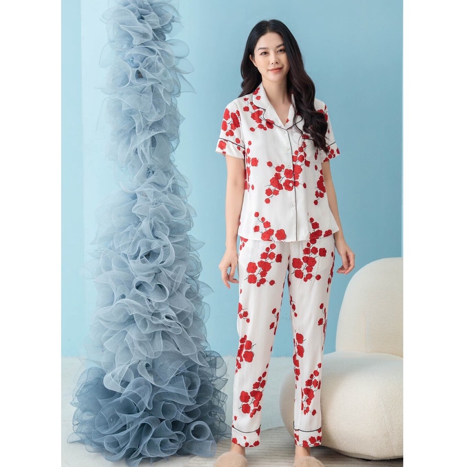 Bộ Pyjama satin ZAM Luxury - CLA57 - áo ngắn tay quần dài hoạ tiết