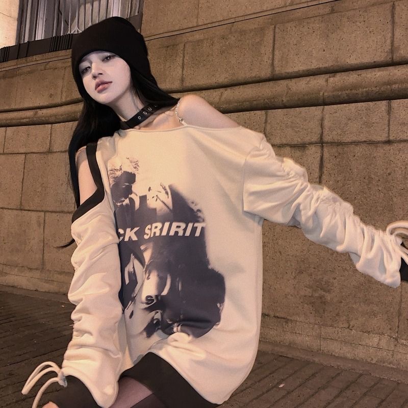 Áo Thun Tay Dài Trễ Vai Dáng Rộng In Chữ Thời Trang Mùa Thu