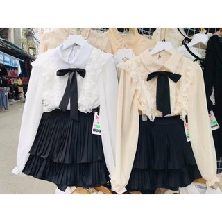 Áo sơ mi phối ren cổ nơ đen/new new