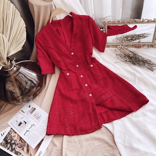 ĐẦM BỐ ĐỎ CỔ V PHỐI NÚT