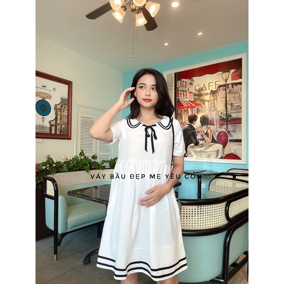 Đầm bầu công sở Váy bầu đẹp Babydoll Nơ Cổ Phối Viên Chân Váy MYC1281