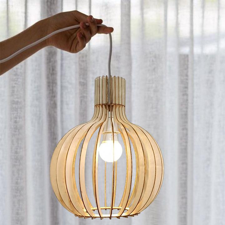 Đèn gỗ thả trần hình củ tỏi, đèn gỗ trang trí thả trần trang trí phòng ngủ, phòng khách, ban công đẹp.