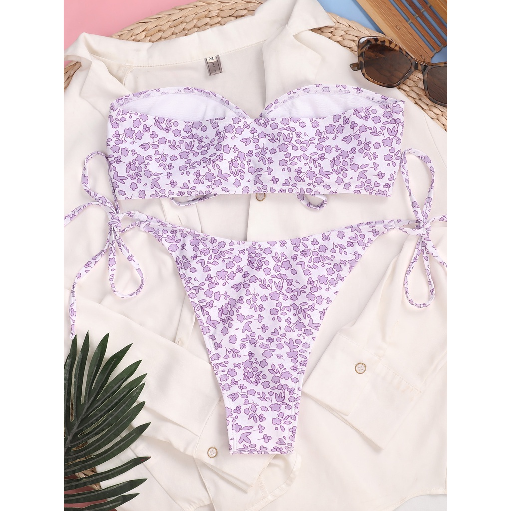 [BKN1495] &lt;ÂU&gt; SET BIKINI QUÂY NƠ NGỰC HOA NHÍ TÍM