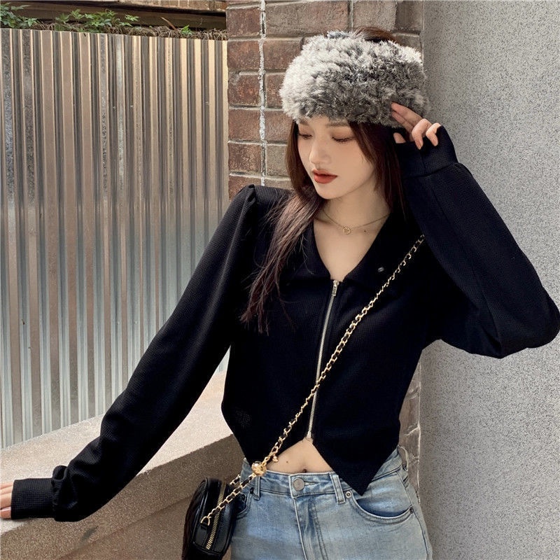 Áo Khoác Cardigan Ngắn Tay Dáng Rộng Phối Khóa Kéo Thời Trang Mùa Đông Cho Nữ Plus Size