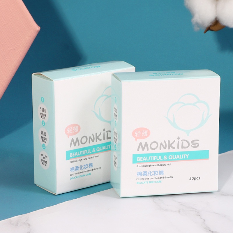 Bông đắp toner 50 miếng MONKIDS cotton tự nhiên mỏng mềm mại bám dính chất tẩy trang tốt