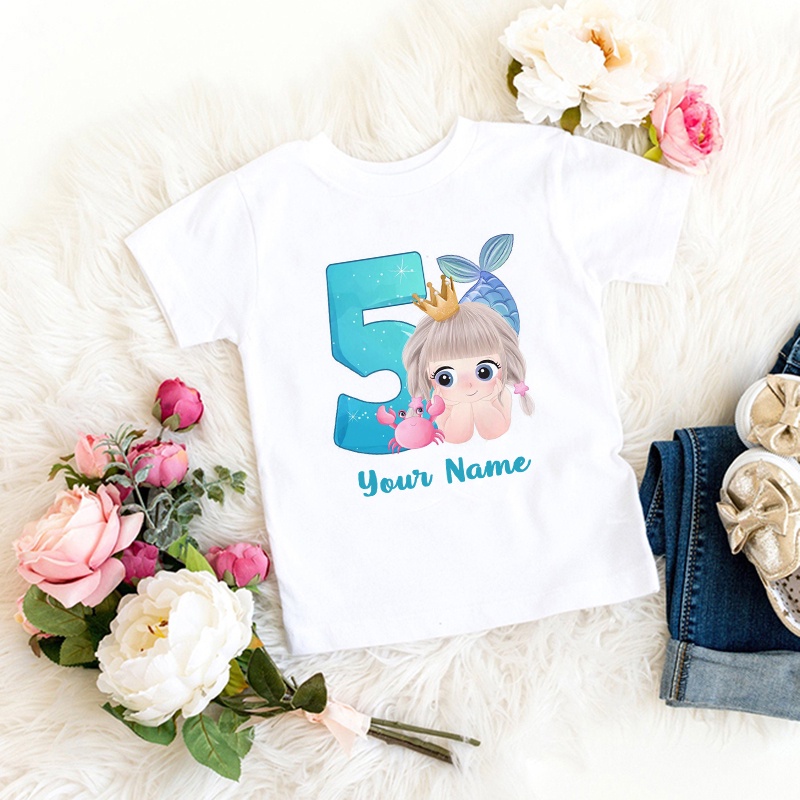 ✨Thêm tên miễn phí✨ Cô Gái Nàng Tiên Cá Sinh Nhật Hoạt Hình Áo Cho Bé Gái Số 1 2 3 4 5 6 7 Nàng Tiên Cá Trẻ Em Sinh Nhật Áo Thun