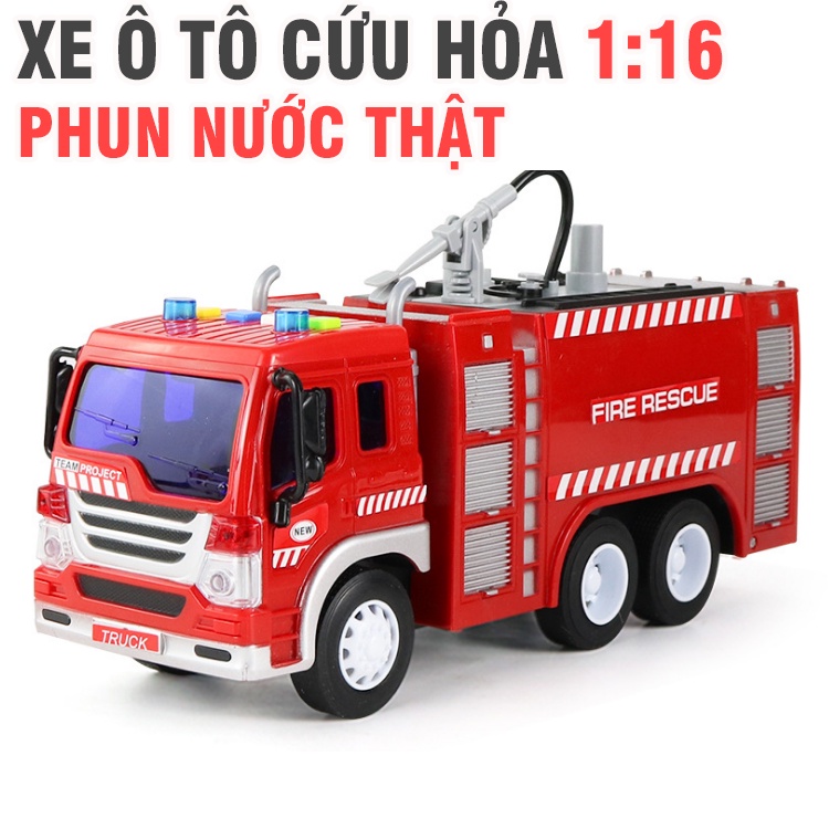 Đồ chơi xe ô tô cứu hỏa phun được nước có đèn và âm thanh xe mô hình tỉ lệ 1:16